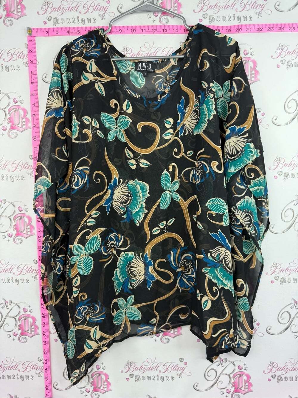 NWD blouse coverup Black Floral V-Neck Blouse with Teal and Gold Accents